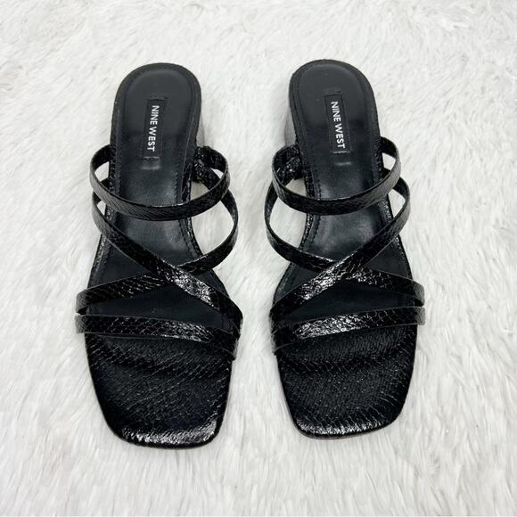 NINE WEST / Remy black faux leather croc embossed strappy block heel sandal /7.5 - Picture 6 of 11